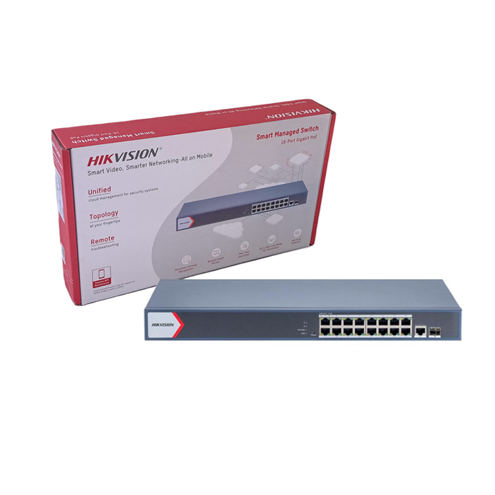 SWITCH GIGABIT POE+ / MONITOREABLE / 16 PUERTOS 1000 MBPS POE+ / 1 PUERTO 1000 MBPS DE UPLINK / 1 PUERTO SFP / CONFIGURACIÓN NUBE DESDE HIK-PARTNERPRO / MODO EXTENDIDO HASTA 300 METROS / 130 WATTS